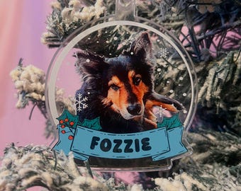 Gepersonaliseerde sneeuwbolversiering voor uw huisdier: een kerstboomversiering voor uw hond of kat, een aandenken aan uw geliefde huisdier.