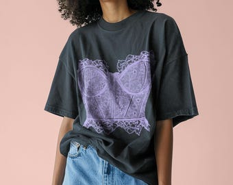 Lace Corset Trompe L'oeil T-Shirt - Flirty Lingerie Illusion Tee, Alternative Valentine Shirt