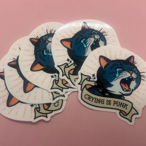 Sad crying kitty glossy vinyl decal with alternative tattoo aesthetic