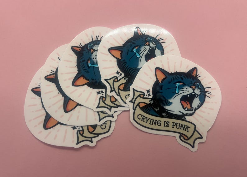 Sad crying kitty glossy vinyl decal with alternative tattoo aesthetic