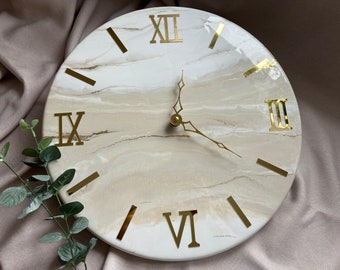 Epoxy resin clock white-beige-gold 40 cm