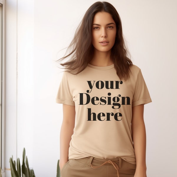 Gildan 5000 T-Shirt Mockup Sand Beige Gildan T-Shirt 5000 Mockup Mock Up Model Shirt Mockup Sand Beige Mockup T-Shirt