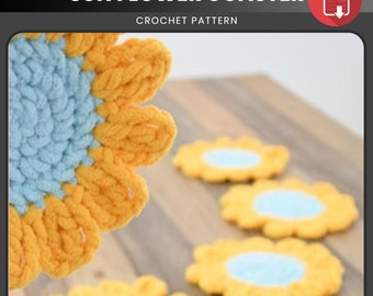 Cute Crochet Sunflower coaster pattern, Sunflower pattern, English PDF pattern, Digital Download Pdf, Cute Sunflower Coaster Crochet Pattern