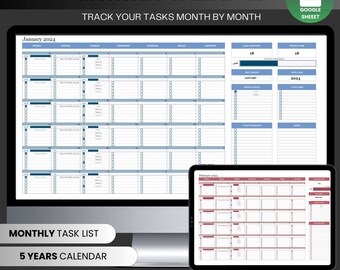 Monthly Calendar, Monthly Planner Template, Automated Spreadsheet, Google Sheets, Excel, Annual, To Do List, Undated Schedule