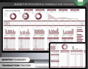 Annual Budget Planner, Budget by Paycheck Planner & Transactions tracker, Google Sheets Budget Planner Digital Download