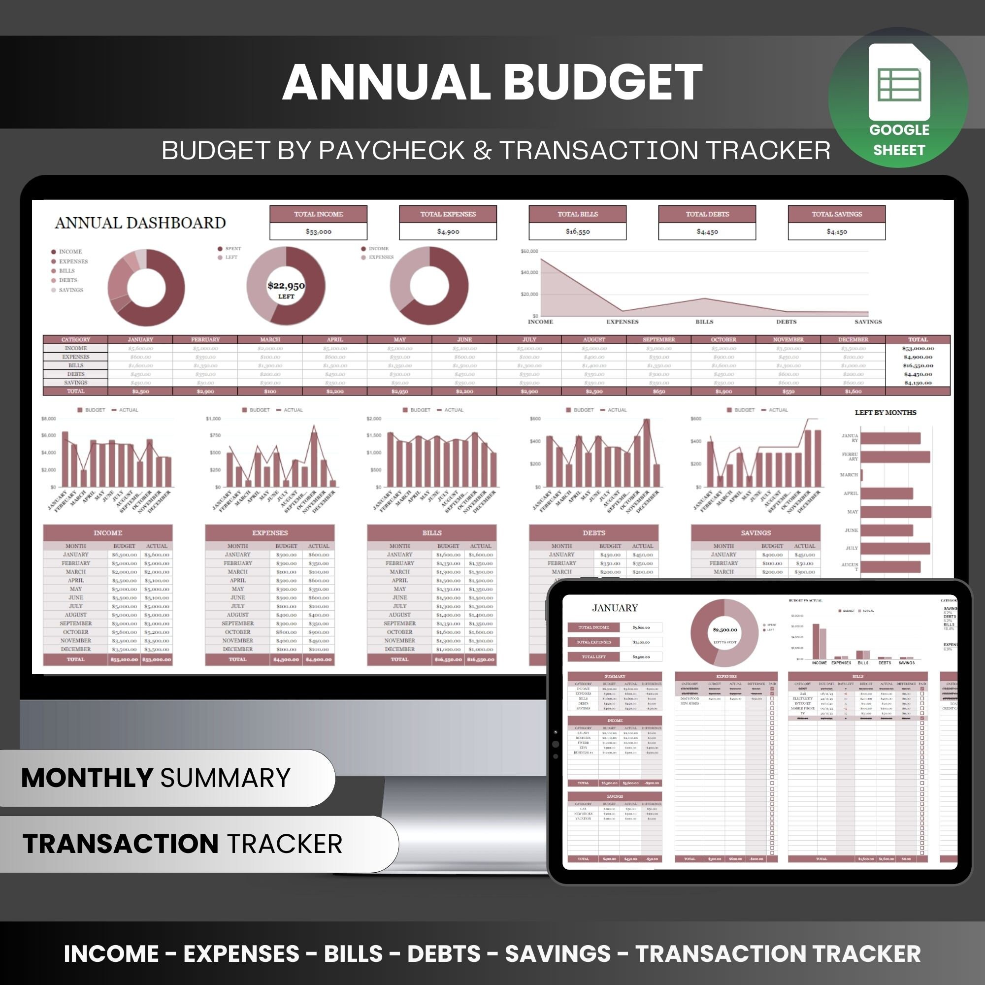 Budget Transaction Sheet.pdf Annual Budget Planner, Budget by Paycheck Planner & Transactions ...