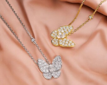 Collar de mariposa, collar minimalista, piedra preciosa moissanita, plata de ley 925, ajustable, colores plata/oro, regalo para ella