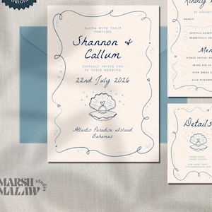 Beachy Destination Wedding Invitation Set: Hand-Drawn Ocean Theme (Digital)