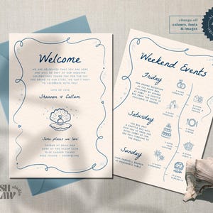 Plantilla de CARTA DE BIENVENIDA DE BODA // Dibujada y escrita a mano // Boda en destino playero // Colorida // Inspirada en el océano // 003