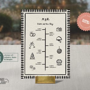 ORDEN DE EVENTOS - Plantilla de tarjeta con cronología de bodas // Borde punteado divertido // Ilustraciones dibujadas a mano // Totalmente editable // 002