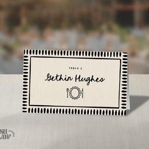 Plantilla para tarjeta de lugar de mesa para boda // Borde de puntos divertido // Ilustraciones dibujadas a mano // Totalmente editable // 002
