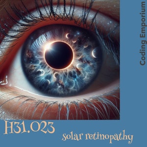 May include: A close-up of a human eye with a galaxy and a solar eclipse reflected in the pupil. The text "H31.023 solar retinopathy" is visible at the bottom of the image.