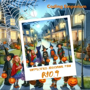 May include: A group of children dressed in Halloween costumes walk down a street lined with houses. They are carrying jack-o'-lantern buckets. The text "UNSPECIFIED ABDOMINAL PAIN R10.9" is visible in the image.