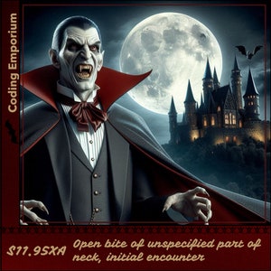 May include: A vampire in a black suit with a red cape and a bow tie stands in front of a full moon and a castle. The text "$17.95XA Open bite of unspecified part of neck, initial encounter" is at the bottom of the image.