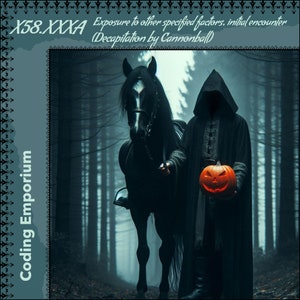 May include: A hooded figure in a dark forest, riding a black horse, holds a carved pumpkin with a menacing grin. The text "X58.XXXA Exposure to other specified factors, initial encounter (Decapitation by Cannonball)" is displayed at the top of the image.