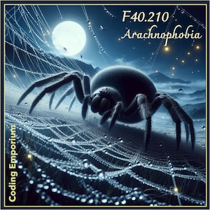 May include: A large, black spider sits on a web with dew drops. The spider is in the foreground of the image, with a full moon and a starry night sky in the background. The text "F40.210 Arachnophobia" is in the upper right corner of the image.