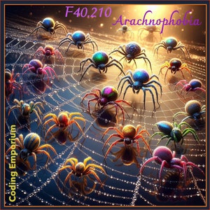 May include: A web of colorful spiders with iridescent bodies and long legs. The spiders are on a black background with a web of white threads. The text "F40.210 Arachnophobia" is at the top of the image.