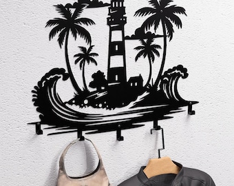Perchero de pared con palmeras y faro. Producto digital, archivos DXF y SVG para CNC, plasma y láser. Perchero de pared, ganchos para abrigos. Percha.
