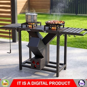 May include: A black metal outdoor rocket stove grill station with two cooking burners, side shelves, and a central fuel feed chamber. A metal pot sits on the left burner and a cast iron skillet with food sits on the right. Text reads: IT IS A DIGITAL PRODUCT.
