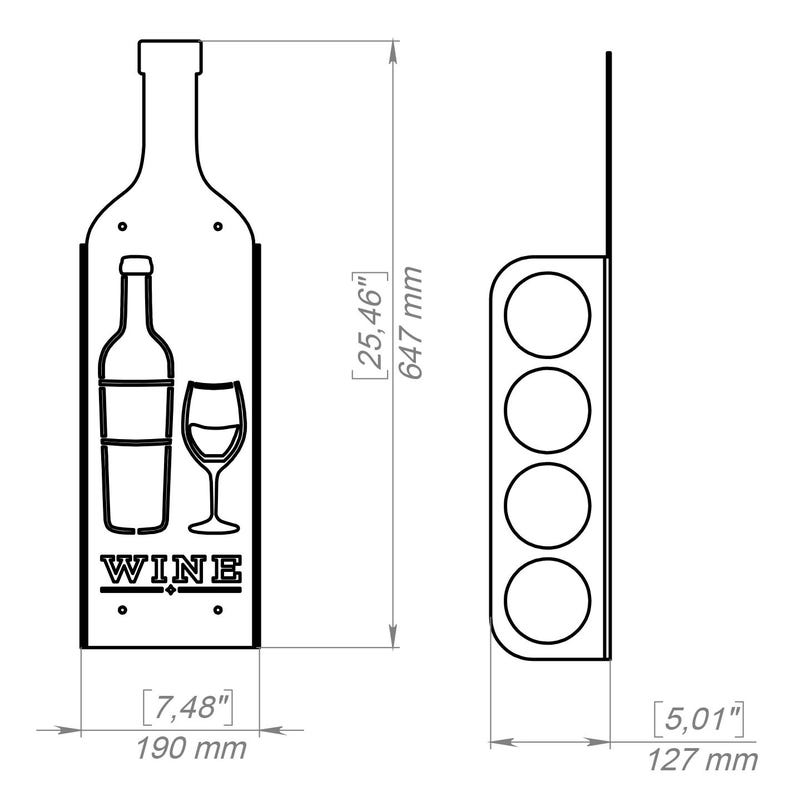 Puede incluir: Estante para vino de metal negro con un soporte para botellas y cuatro soportes para vasos. El estante mide 647 mm de alto y 190 mm de ancho. El texto "WINE" est&aacute; impreso en el soporte para botellas.