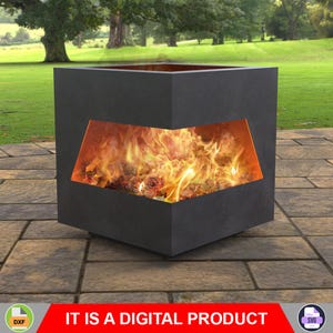 May include: A dark grey, square fire pit with a geometric design. The fire pit has a large opening that reveals a bright orange fire. The text "IT IS A DIGITAL PRODUCT" is displayed in red at the bottom.