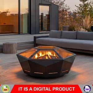 Può includere: Un moderno braciere geometrico con piano in vetro e fiamme ardenti. La struttura in metallo nero è su un ponte di legno, con un divano grigio e un'ambientazione esterna sullo sfondo. Il testo "IT IS A DIGITAL PRODUCT" è in basso.