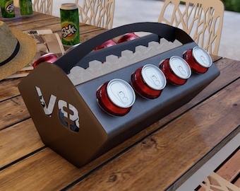 Bier- en frisdrankhouder Motor V8 II. Digitaal product, bestanden DXF, SVG voor cnc, Plasma, Laser. Doos voor blikjes 330ml en 500ml. Metaalbewerking doe-het-zelf