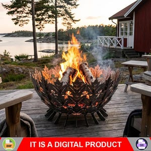 May include: A metal fire pit with a leaf design is filled with burning wood. The fire pit is on a wooden deck, with two wooden chairs and a red house in the background. The text "IT IS A DIGITAL PRODUCT" is at the bottom.
