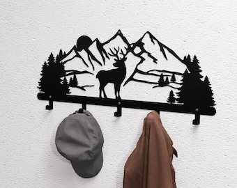 Hirsch in der Berg V2 Wandgarderobe, digitales Produkt, DXF-Dateien, SVG für CNC, Laser,Plasma. Wandgarderobe. Kleiderbügel