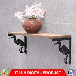 May include: A wooden shelf supported by black metal brackets with heron silhouettes. A brown vase with pink flowers sits on the shelf. The text "IT IS A DIGITAL PRODUCT" is displayed in a red banner at the bottom.