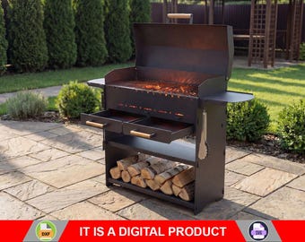 Parrilla plegable con cenicero y tapa. Productos digitales, archivos DXF y SVG para CNC, plasma y láser. Brasero plegable, barbacoa, parrilla.