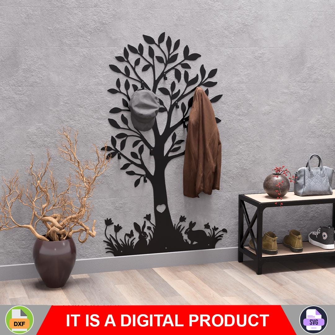 Tree With Rabbits Wall Mount Coat Rack, Digital Product, Files DXF, SVG ...