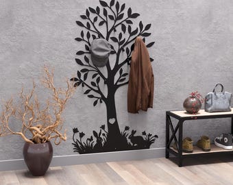 Tree with Rabbits Wall Mount Coat rack, Digital product, files DXF, SVG for CNC, Plasma, Laser. Wall Coatrack, Coat Hooks. Coat Hanger