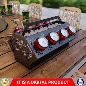 May include: A metal six-pack holder with a handle, designed to look like a car engine. The holder is on a wooden table with cans of soda inside.