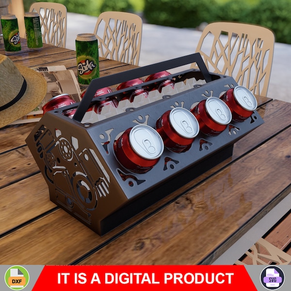 Beer and soda holder Engine V8. Digital product, files DXF, SVG for CNC, Plasma, Laser. Box for can 330ml and 500ml. Diy