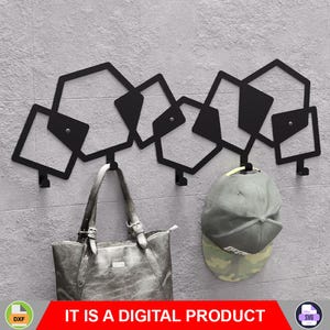 Abstract Squares and Hexagons Pattern Wall Mount Coat rack, Digital product, files DXF, SVG for CNC, Plasma, Laser. Coat Hooks. Coat Hanger