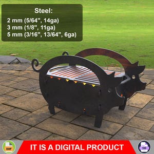 May include: A black metal pig-shaped fire pit with a grill top. The fire pit has a decorative design and is made of steel with various thicknesses, as indicated in the image. The text "IT IS A DIGITAL PRODUCT" is displayed.