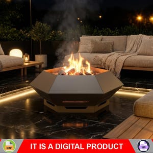 Può includere: Scena notturna all'aperto con un moderno braciere, posti a sedere e illuminazione soffusa. Il braciere geometrico ha fiamme e fumo. Il testo "IT IS A DIGITAL PRODUCT" è in basso nell'immagine.