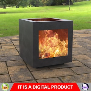 May include: A dark grey, square outdoor fireplace with a rectangular opening showing a digital image of flames. The text "IT IS A DIGITAL PRODUCT" is displayed in red at the bottom. The fireplace is on a stone patio.