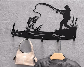 Perchero de pared Fishing V2. Producto digital, archivos DXF y SVG para CNC, plasma y láser. Ganchos para ropa. Percha. Perchero.