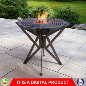 May include: A black metal fire pit with a hexagonal grill and a tripod stand. The fire pit is on a patio with a grey tiled floor. The fire pit is lit and has flames coming from the centre.