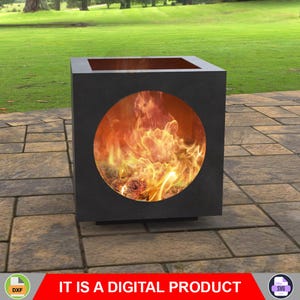 May include: A black, square fire pit with a circular opening showing a vibrant fire. The fire pit has a rectangular top and sits on a small base. The text "IT IS A DIGITAL PRODUCT" is displayed in red at the bottom.