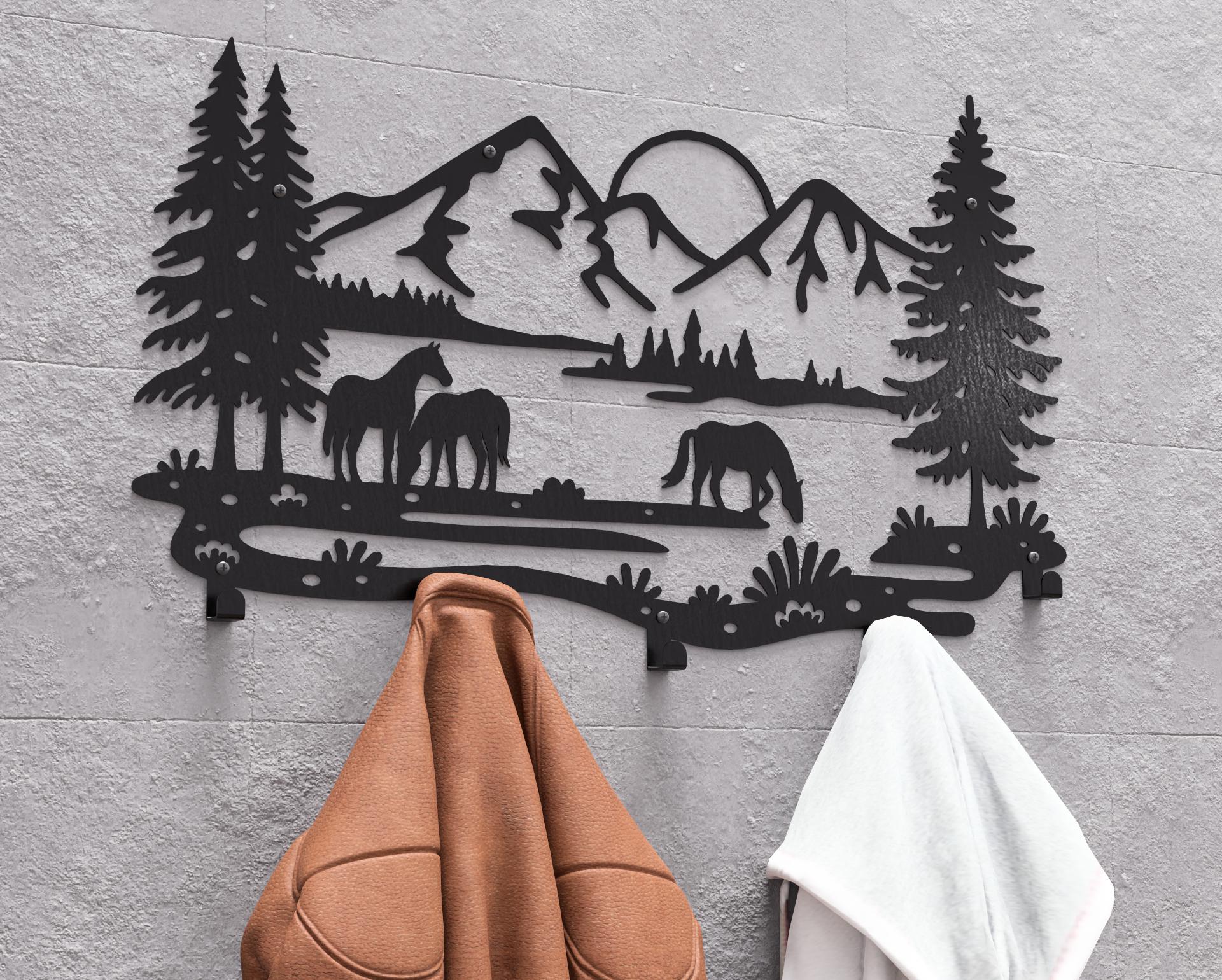 Wild Horses in the Mountains Wall Mount Coat Rack, Digital Product