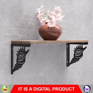 May include: A wooden shelf with black metal seashell-shaped brackets, mounted on a gray tiled wall. A brown vase with pink flowers sits on the shelf. The text "IT IS A DIGITAL PRODUCT" is displayed at the bottom.