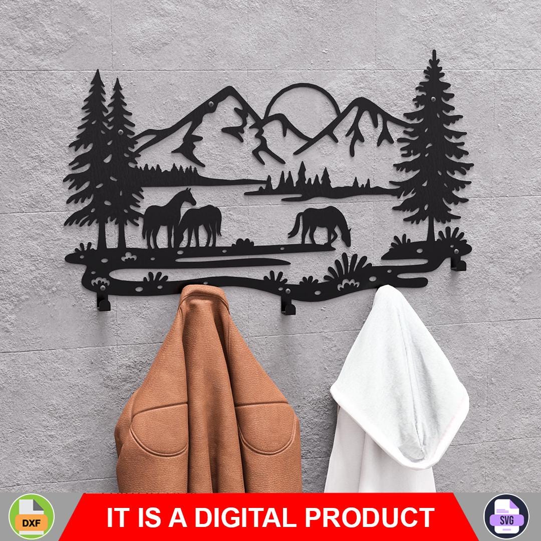 Wild Horses in the Mountains Wall Mount Coat Rack, Digital Product
