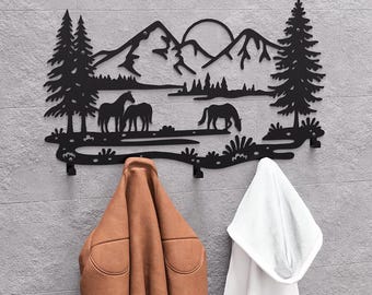 Wild Horses in the Mountains Wall Mount Coat Rack, Digital Product