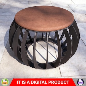 Op de afbeelding: Een moderne, ronde poef met een bruin leren zitting en een donkergrijze, opengewerkte metalen basis. De basis heeft een uniek, gebogen ontwerp. De tekst "IT IS A DIGITAL PRODUCT" wordt in een rode banner onderaan weergegeven.