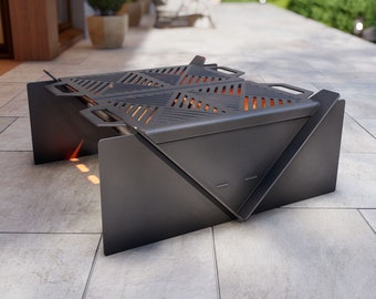 Fire Pit with Grill Square 3 Size. Digital product, files DXF, SVG for CNC, Plasma, Laser. Foldable Barbecue for Outdoor, Backyard bbq. Diy