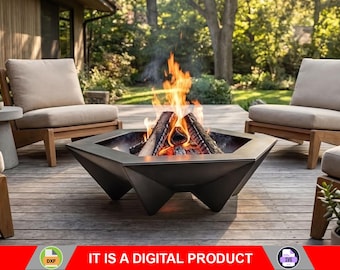 Brasero hexagonal con patas triangulares V1. Producto digital, archivos DXF y SVG para CNC, plasma y láser. Chimenea de jardín o patio. Hazlo tú mismo.
