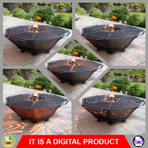 Puede incluir: Cuatro vistas diferentes de una chimenea de metal negro con un diseño decorativo de corte. La chimenea es redonda y tiene una rejilla en la parte superior. La chimenea está encendida y tiene llamas que salen de la rejilla. La chimenea está sentada en un patio.